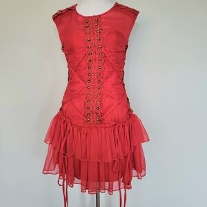NWT Red Sleeveless Crew Neck Ruffled Corset Tiered Cocktail Mini Dress Sz Small